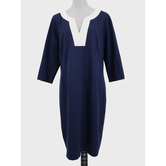 Talbots Dress Plus Size 16W Navy Blue Ivory Stretch Knit Back Zip Midi Career - Picture 1 of 14